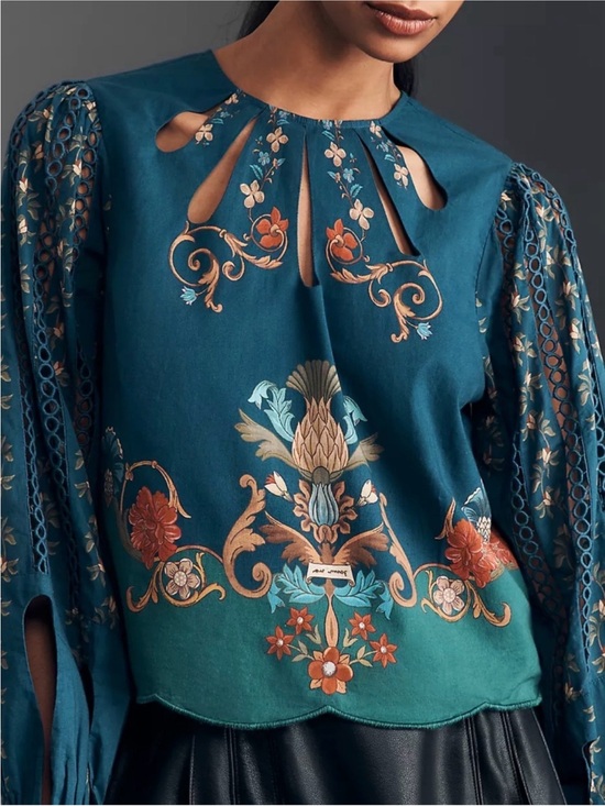 FARM Rio Tops - FARM RIO Multicolor Teal Floral Green Cut Out Blouse Lace Top Festive Boho SZ S